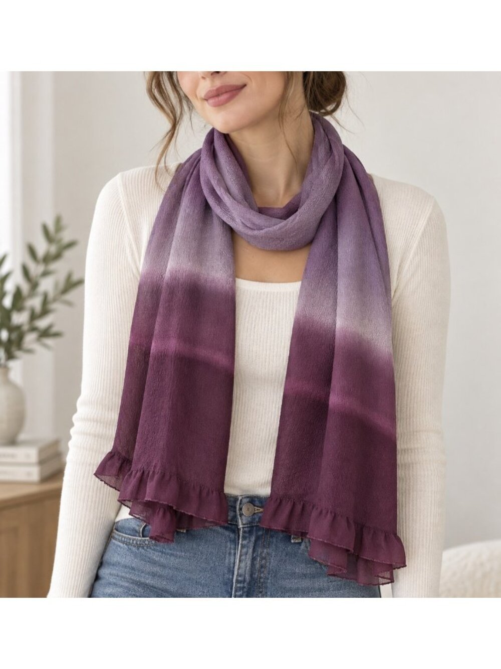 Purple Ombre Chiffon Scarf Ruffle Trim Lightweight Sheer Wrap